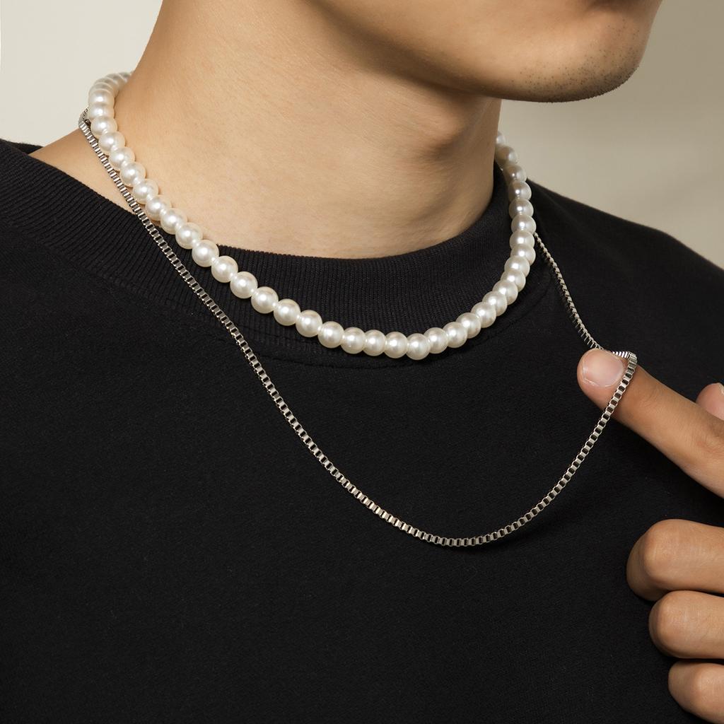 Trendy Hip-Hop Style Geometric Box Chain Layered Imitation Pearl Double Layer Necklace Fashionable Personality Men's Necklace