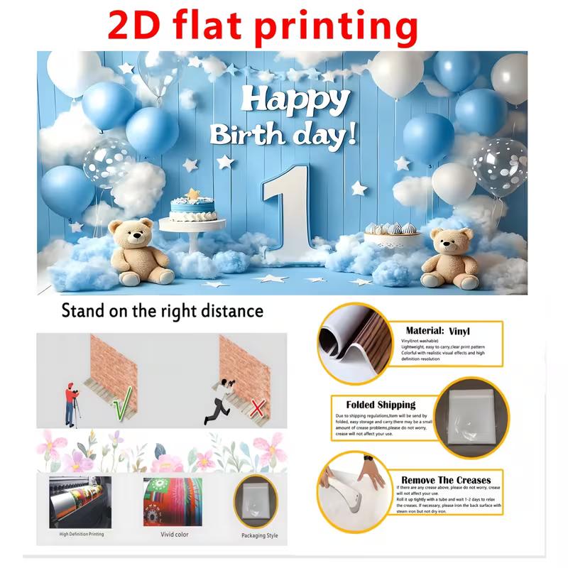 2D Happy 1st Birthday Backdrop Teddy Bear Blue Sky Wood Photo Booth Background