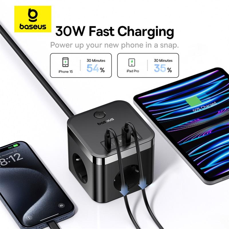 Baseus 7-in-1 EU Plug Power Strip 30W GaN Fast Charger Adapter with 3 AC Outlets 2 USB A 2 Type C PD Charging Electrical Socket