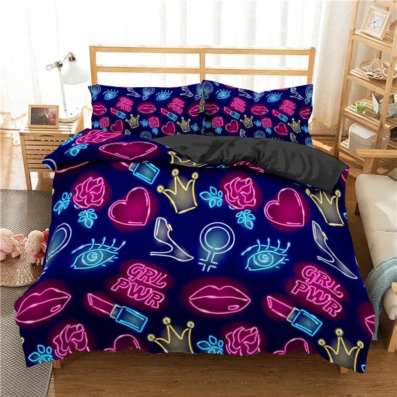 Fashion Bedding Set Makeup Cosmetic Theme Duvet Cover Polyester Perfume Lipstick Nail Polish Brush Print Quilt Cover King Size
