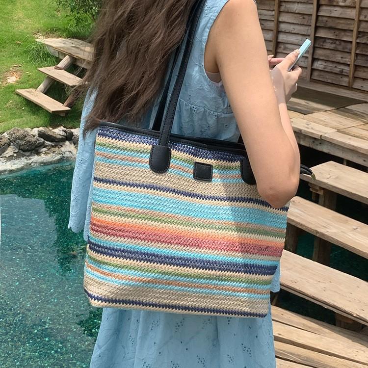 Summer Color Large Capacity Commuter Woven Bag Vacation Beach Bag Ladies Tote Bag Versatile Rainbow Shoulder Bag