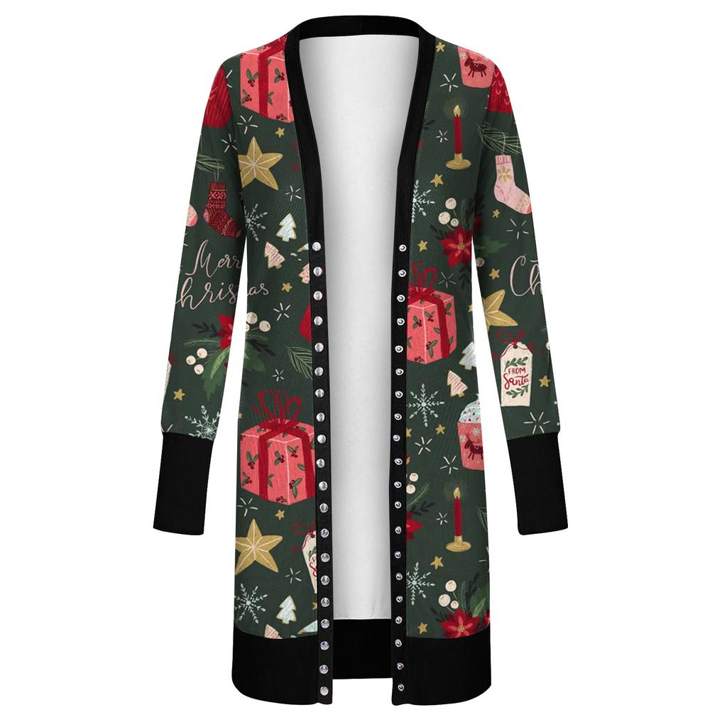 Dames Casual Lange Mouw Voorvest Gradueel Kerst Bedrukte Top Lichtgewicht Jas