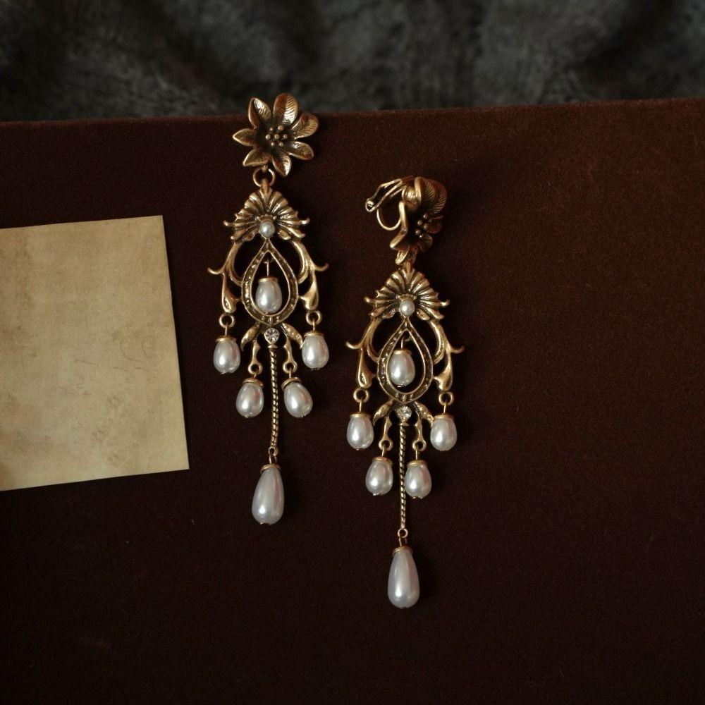 Waterdrop Shape Pearl Drop Earrings Bronze Flower Stud Earrings Vintage Metal Earrings  Party