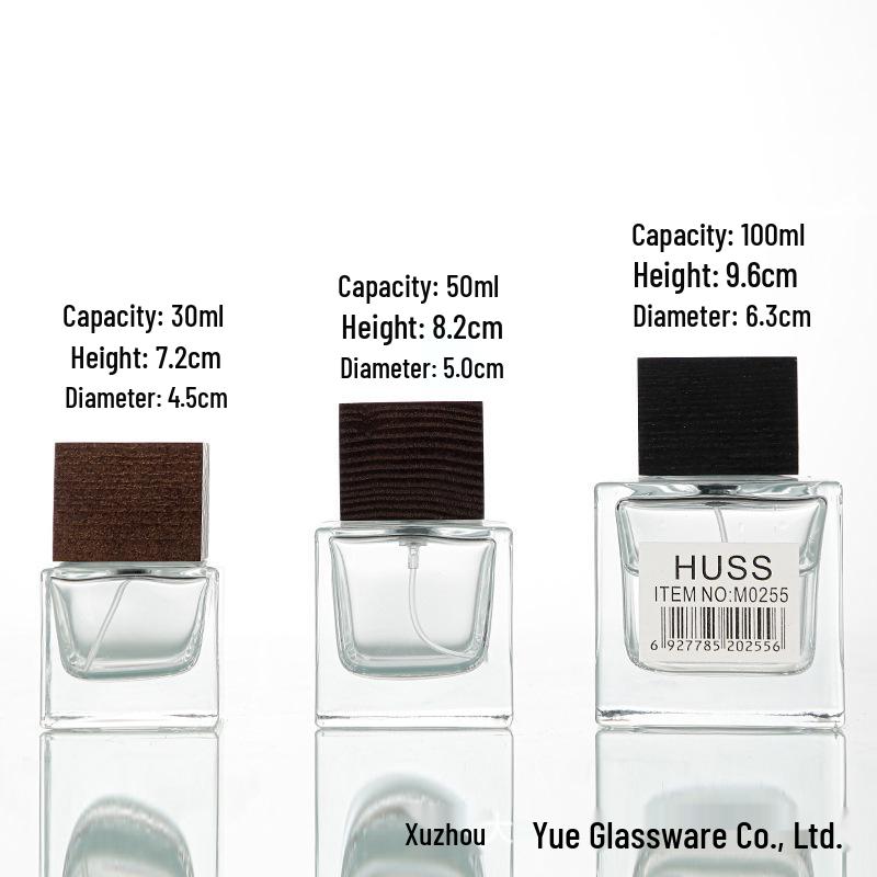 

50ml Glass Perfume Bottle with Wood Lid and Fine Mist Sprayer - Custom Logo Option Available 30ml + Small Square Wood Lid + Sprayer