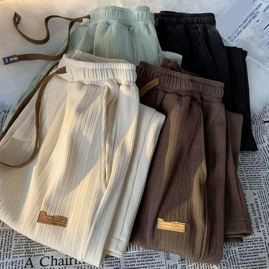 Mid-rise Elastic Waistband Men Pants Drawstring Pockets Ribbed Fast Drying Summer Ultra-thin Ice Silk Casual Trousers Streetwear