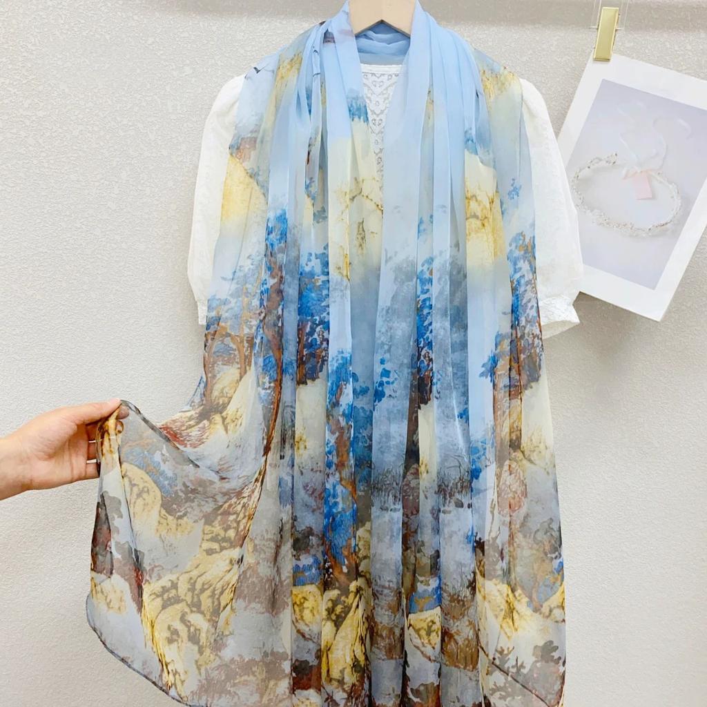 Silk Scarf Folral Women Summer Hijab Luxury Print Sunscreen Shawl Wraps Bandana Ladies Head Scarves Large Foulard Echarpe