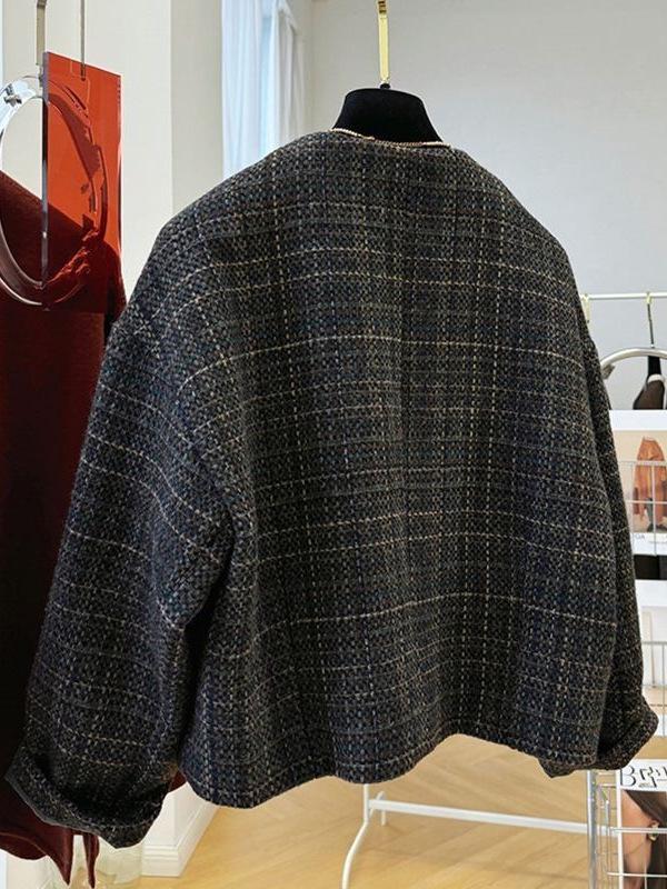 Women's Korean Plaid Woolen Coat – Autumn/Winter Petite, Long-Sleeved
