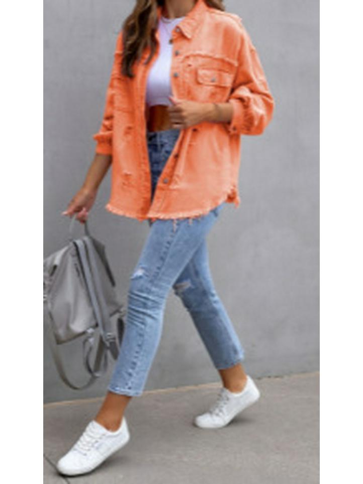 Women's 2025 European & American Solid Color Ripped Denim Jacket - Loose Fit, Long Sleeve