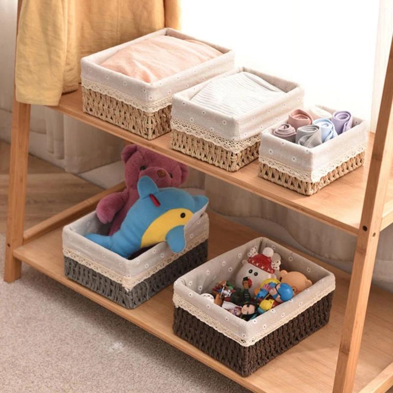 Handwoven Storage Baskets Sundries Organizer with Lid Rectangular Cosmetics Box Clothes Laundry Basket Towel Toys Container Lid