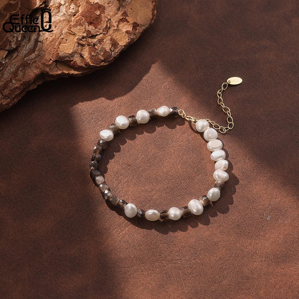 Effie Queen Natural Black Obsidian Beaded Bangle 925 Sterling Silver Black Obsidian Pearls Bracelet Fashion Jewelry Gift MPB26