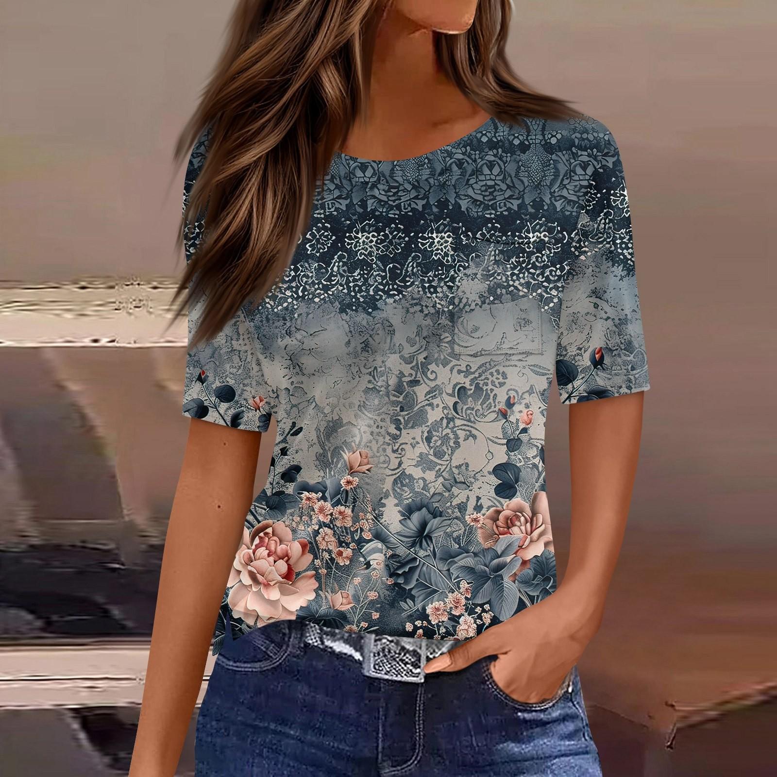 

Футболки для женщин с круглым вырезом, нарядные повседневные блузки с принтом, короткие рукава, летние топы свободного кроя XXL тёмно-синий