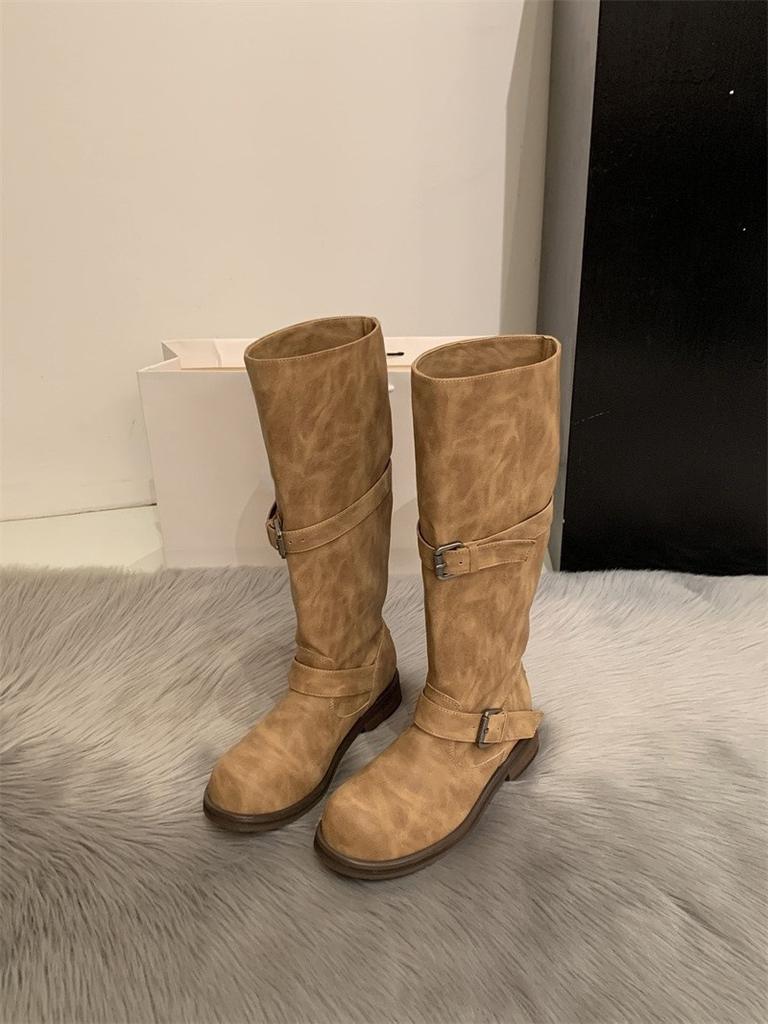 Korean Old Belt Buckle Medium Tube Knight Boots Thick Sole Niche Pile Boots Martin Boots