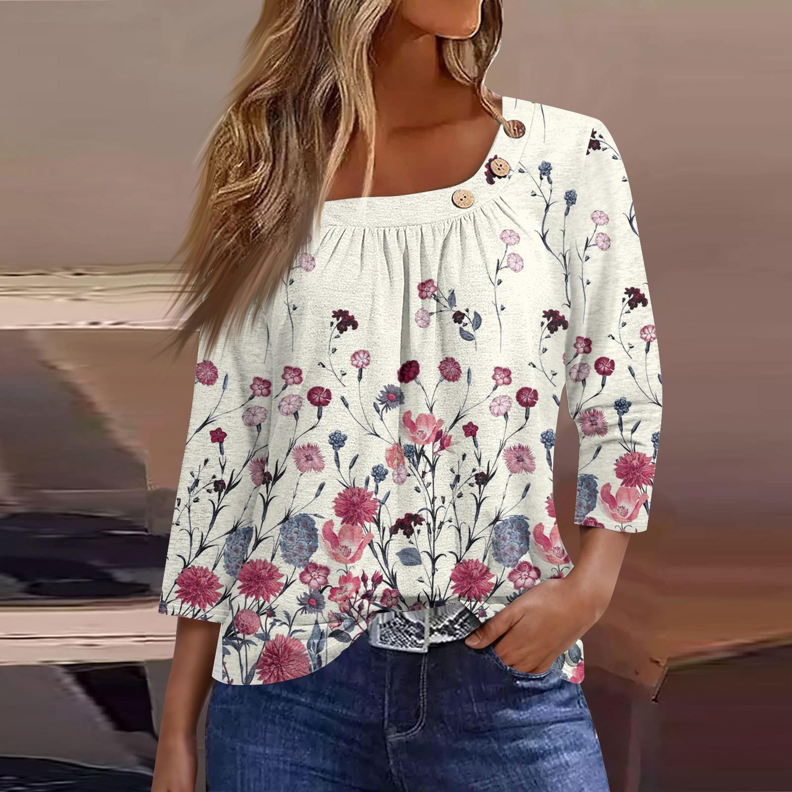 

Жен. Футболка Футболка С принтом Пуговицы Рукав 3/4 Повседневные Выходные Мода Классический Классический Верх M розовый