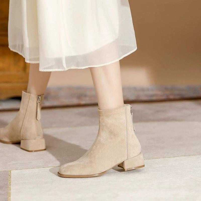 Coarse Heel Suede Martin Boots Women's Autumn and Winter Retro Small Ankle Boots Medium Tube Elastic Skinny Boots Square Head Fashion Short Boots