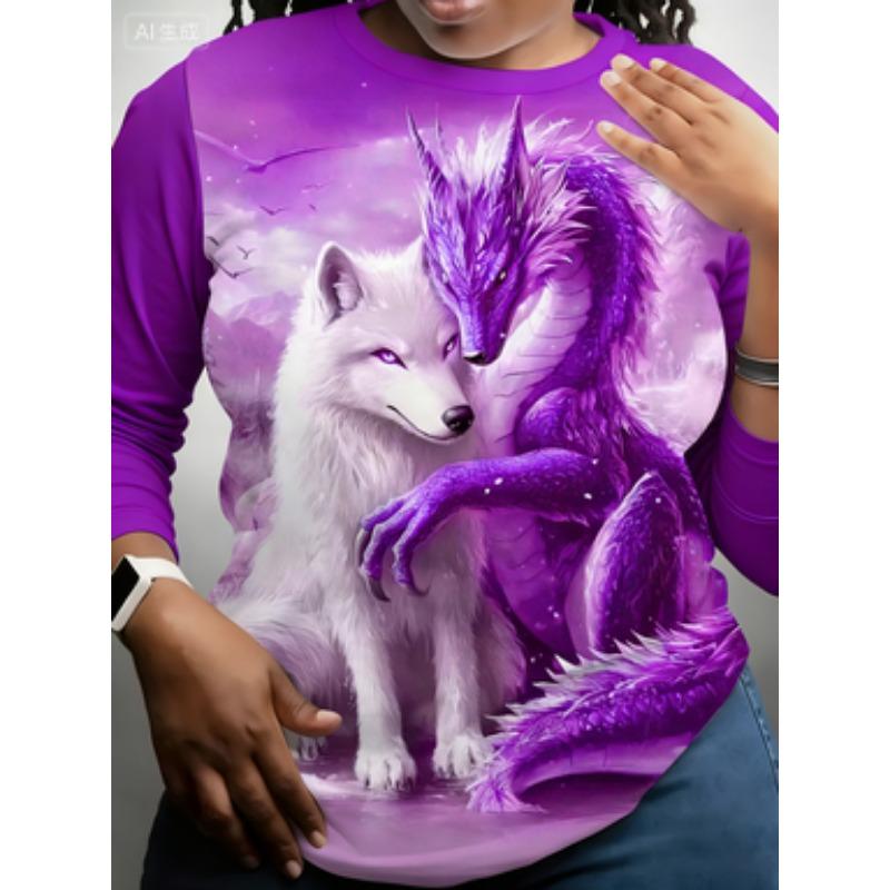 

Curvy Plus Size Women s Long Sleeve Round Neck T-shirt Snow Fantasy Print Ice Dragon White Wolf Daily Wear 5XL