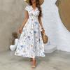 European and American summer V-neck long dress, flower printed small flying sleeves waist A-shaped dress