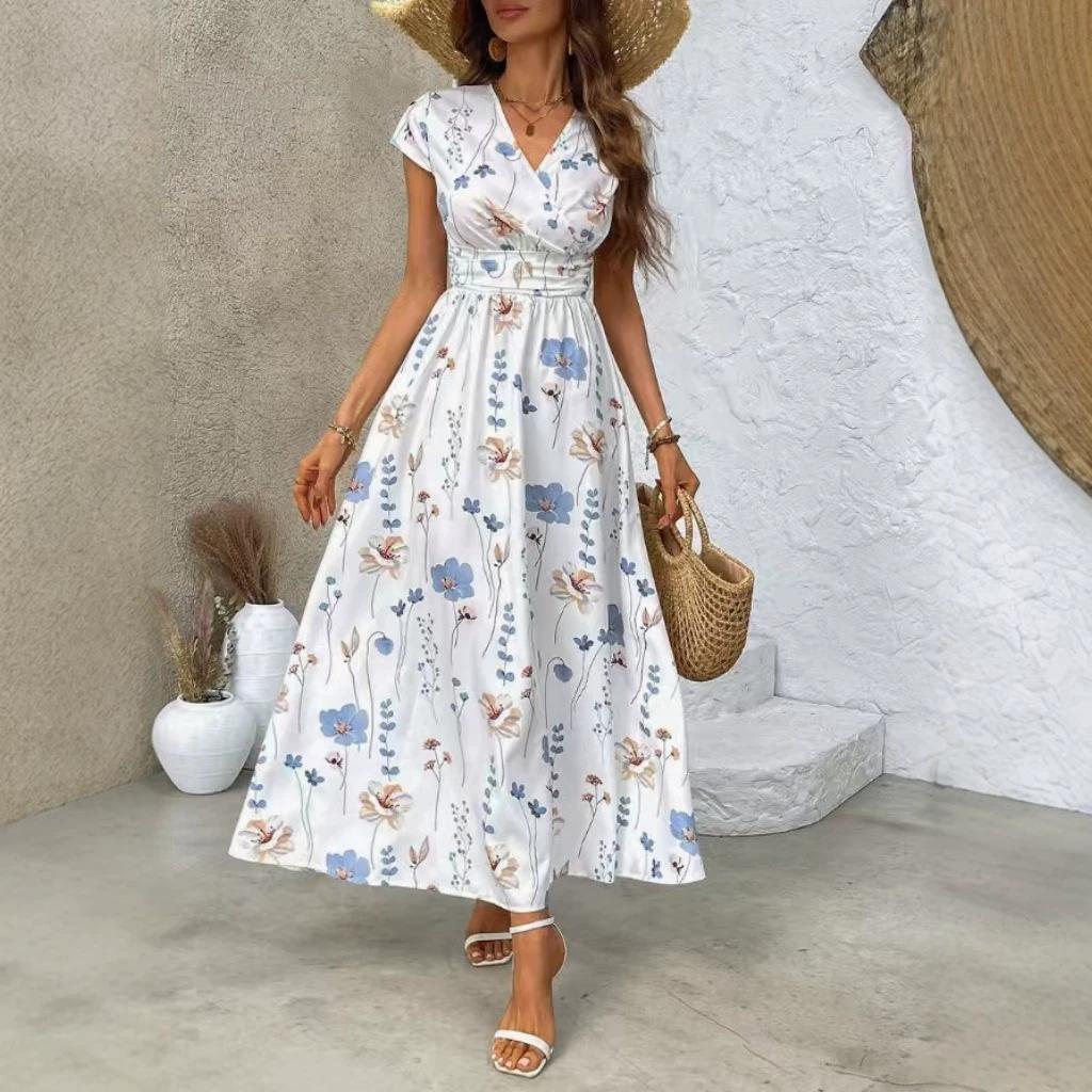 European and American summer V-neck long dress, flower printed small flying sleeves waist A-shaped dress