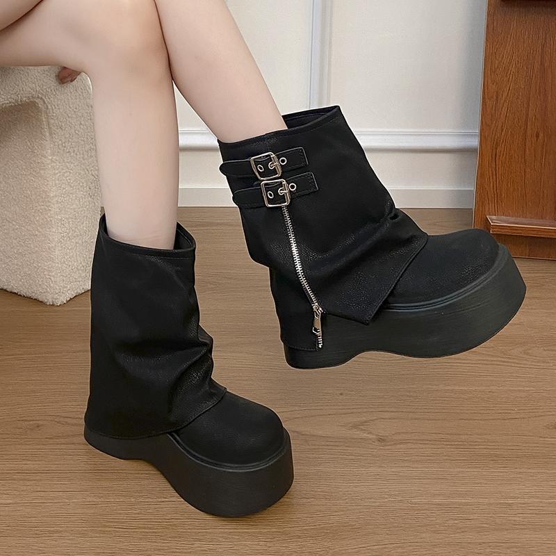 Fashion Autumn Winter Chunky Thick Sole Women Pipe Ankle Boots Designer Belt Buckle Platform Heel Shoes Modern Short Botas Para Mujer