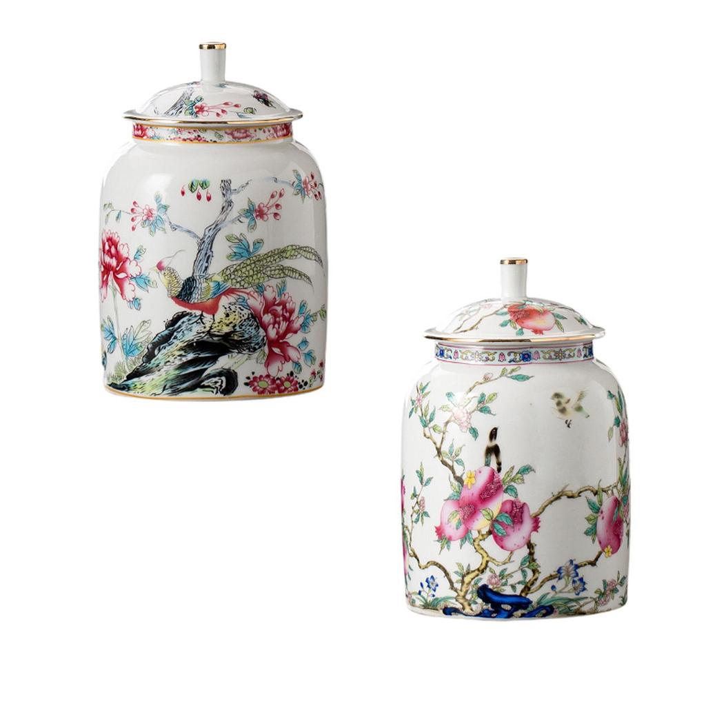 Porcelain Tea Canister Decorative Flower Vase for Tabletop Livingroom Office
