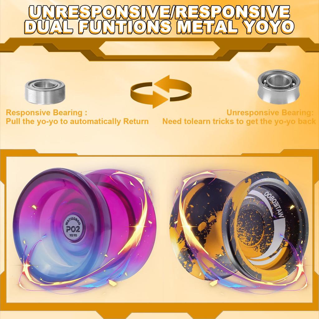 WATIEOBOO Yoyo Set Metal Yoyo and P02 Yoyo and for and Complete Kit 2-Piece (R8 Two-Color Yoyo) Dual-Mode (Reactive Non-Reactive) Kids, Beginners,