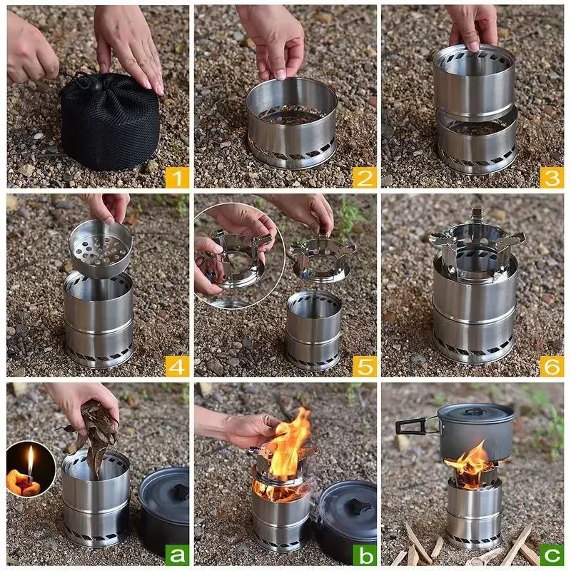 Portable Outdoor Wood Stove Folding Windproof Camping Stove Wood Burning Stainless Steel BBQ Stove for Camping Picnic Cooking