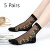 5 Pairs of Ladies Autumn Thin Floral Embroidered Glass Silk Clear Cotton Bottom Crystal Ice Stockings