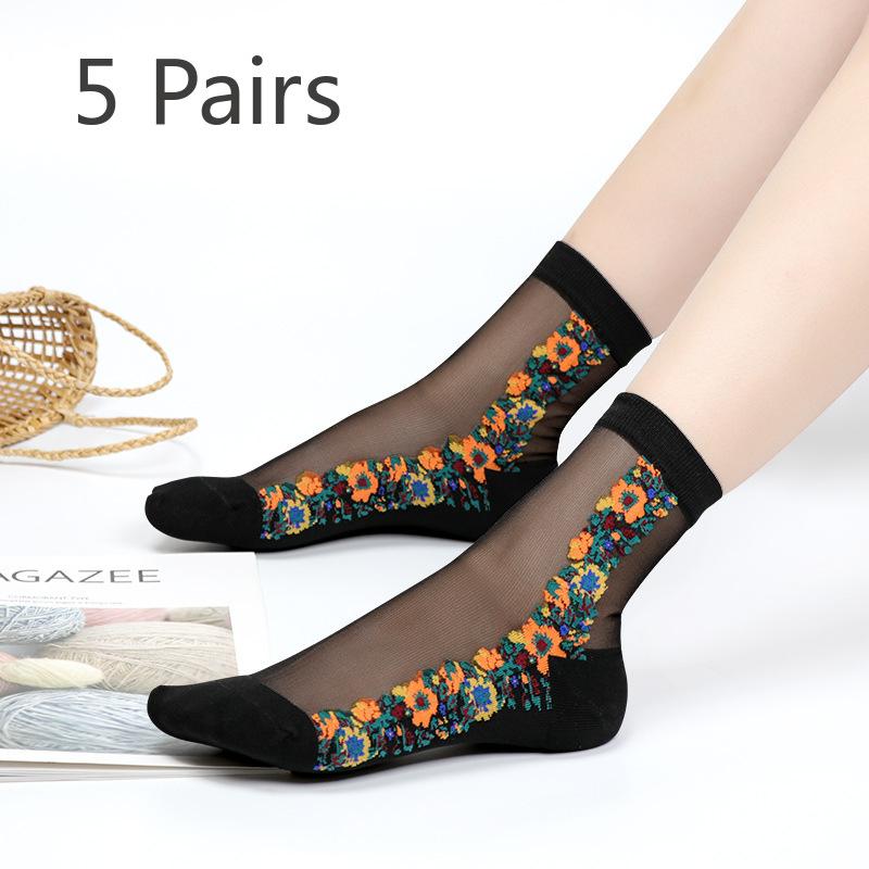 5 Pairs of Ladies Autumn Thin Floral Embroidered Glass Silk Clear Cotton Bottom Crystal Ice Stockings