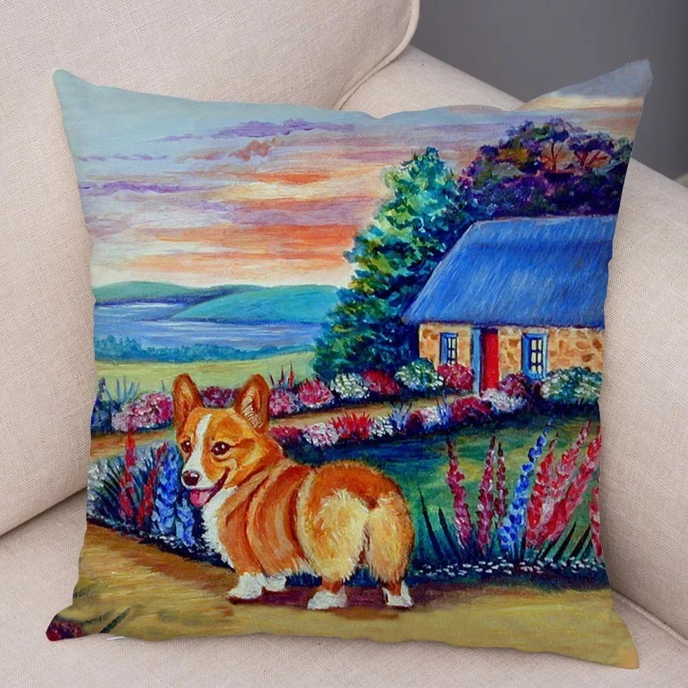 Cute Pet Dog Welsh Corgi Animal Print Cushion Cover Sofa Home Car Pillow