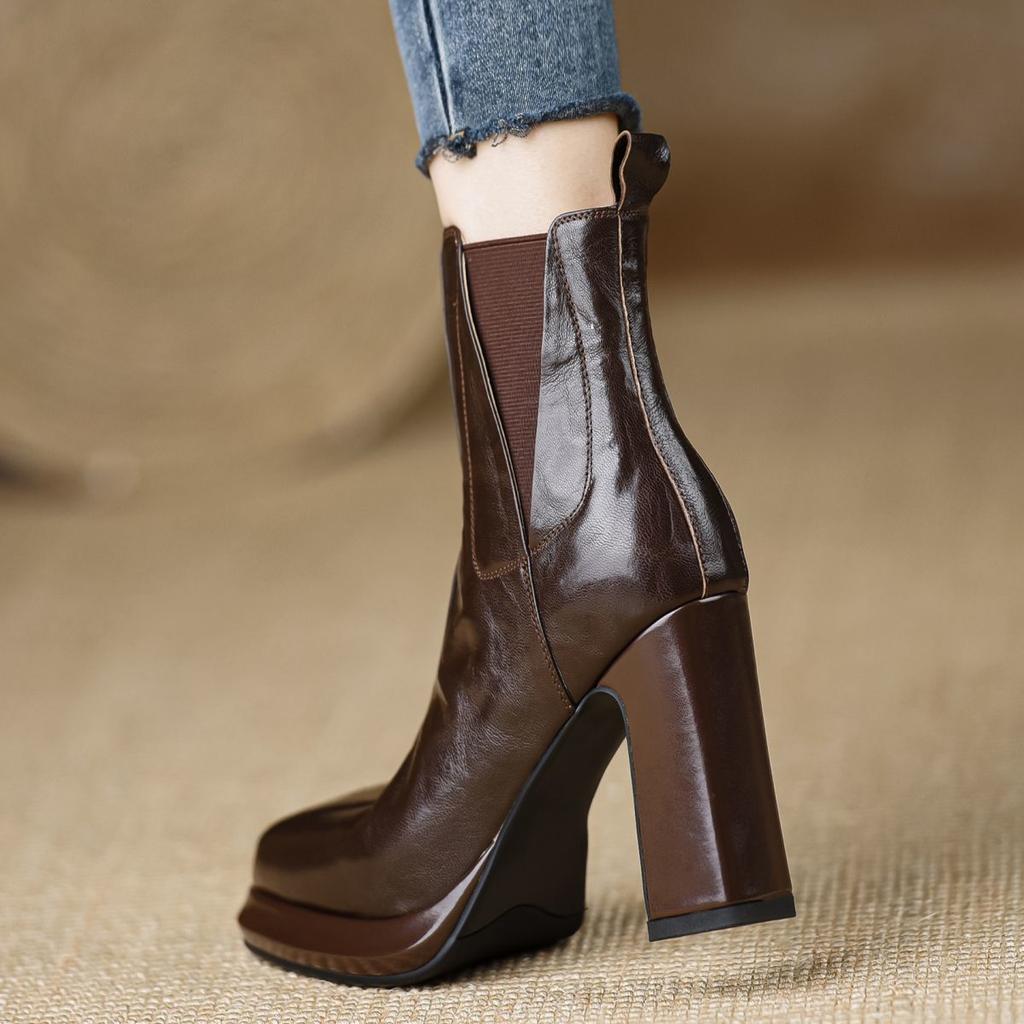Waterproof table thick heel 2025 autumn new foreign style versatile comfortable high heel boots elastic heightening short boots brown