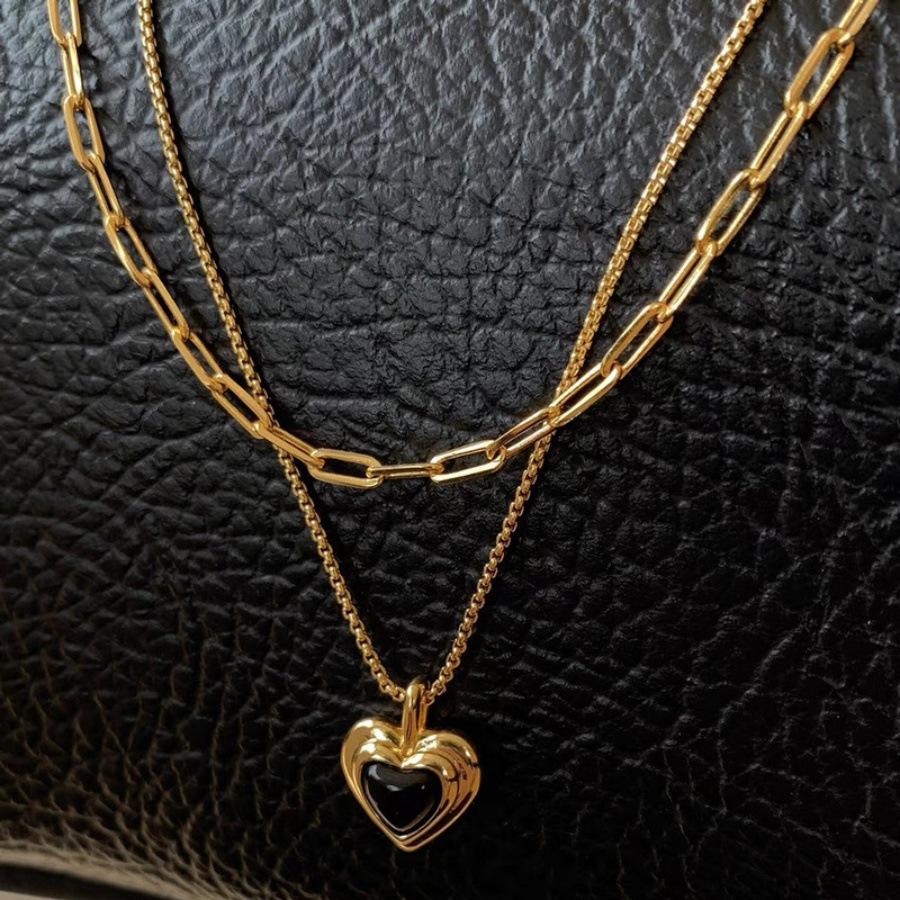 Vintage black agate love double-layer necklace old money wind design collarbone chain tide