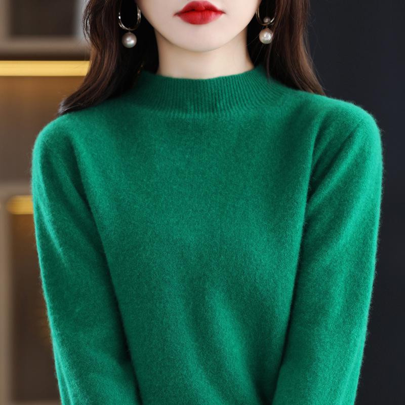 Women's Seamless Pure Wool Sweater: Half-High Neck Pullover, Loose, Warm, Slimming Knitwear.