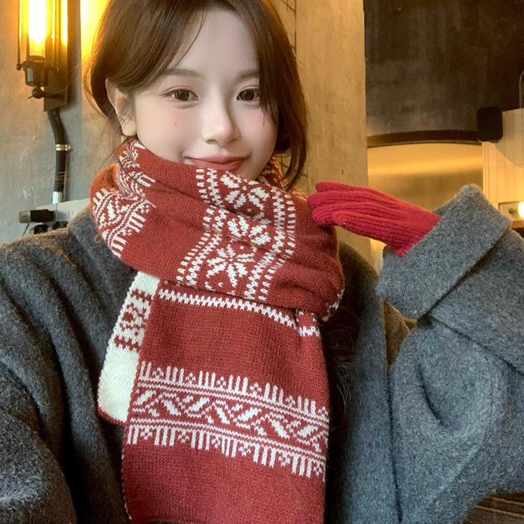 Fair Island style New Year's red double-sided knitted cashmere scarf women's winter atmosphere versatile shawl warm scarf