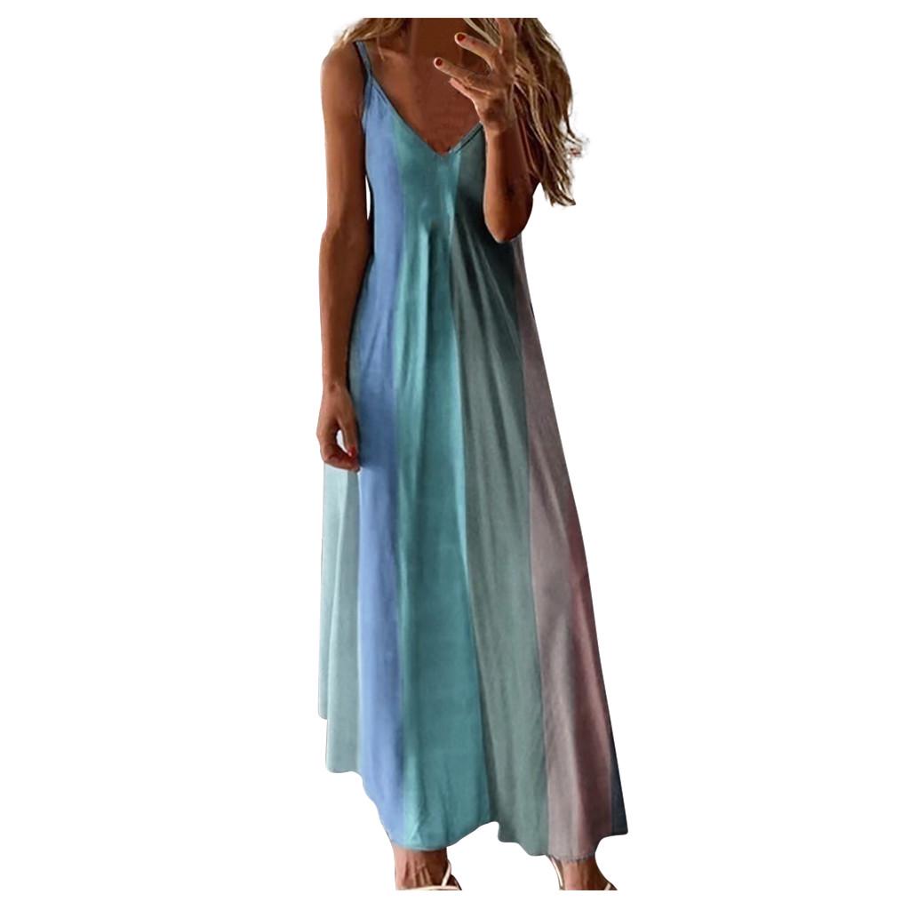Damen-Maxikleid, Übergröße, locker gestreift, ärmellos, V-Kragen, langes Kleid
