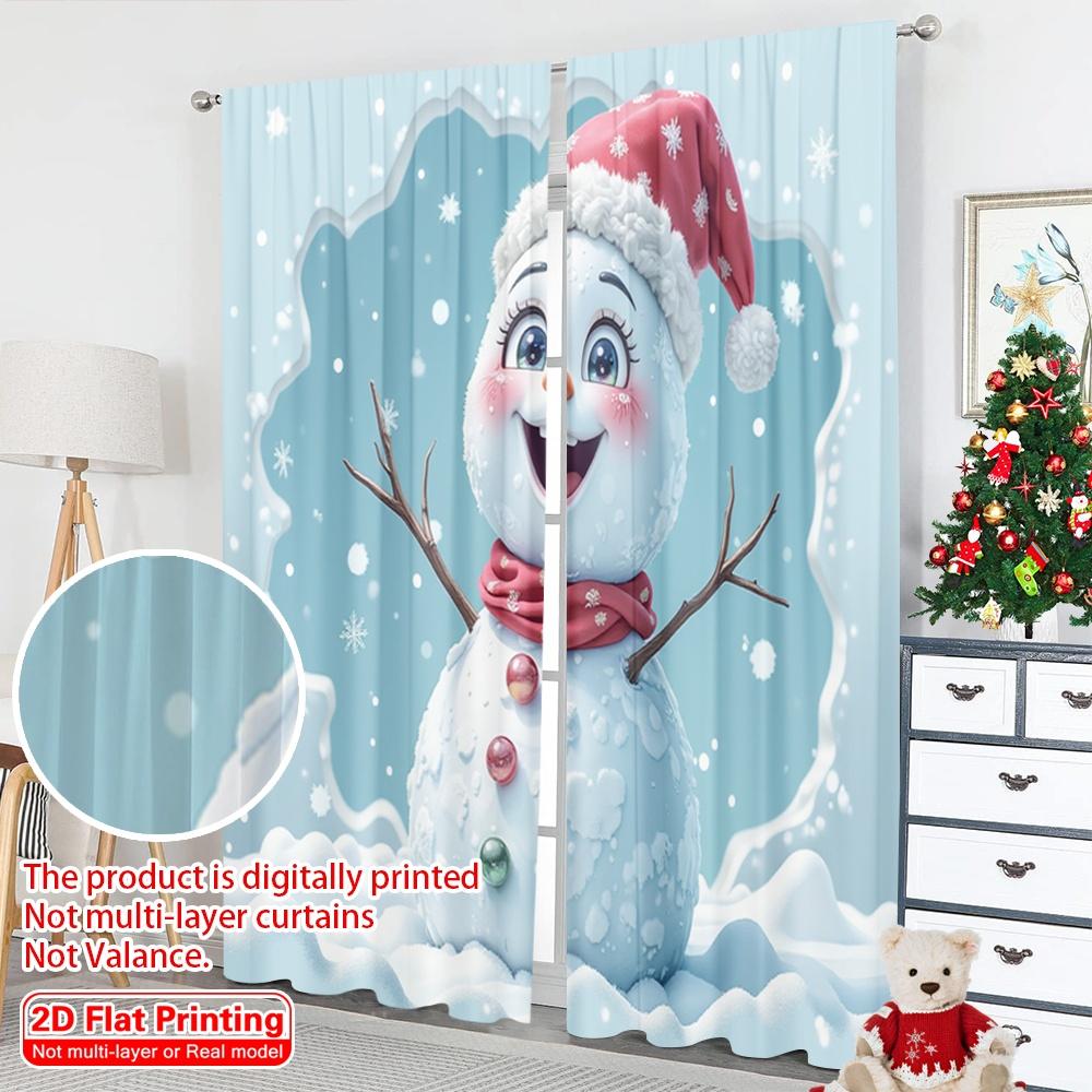 2pcs 2D Flat Printing Merry Christmas Window Curtains Winter Snowman Breakout 100% Polyester Without Electricity 0 for Home Wall