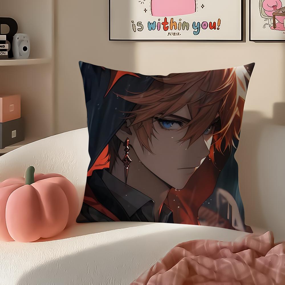 Game Genshin Tartaglia Cushion Cover Pillowcase Short Plush Invisible Zipper Room Sofa Cushion Cover