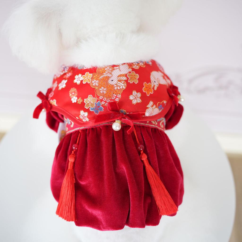 Pet Clothes Christmas Plush Dress Compared To Teddy Bear Autumn/Winter Five Flower Collar Tang Dress Wedding Cat Red Dress