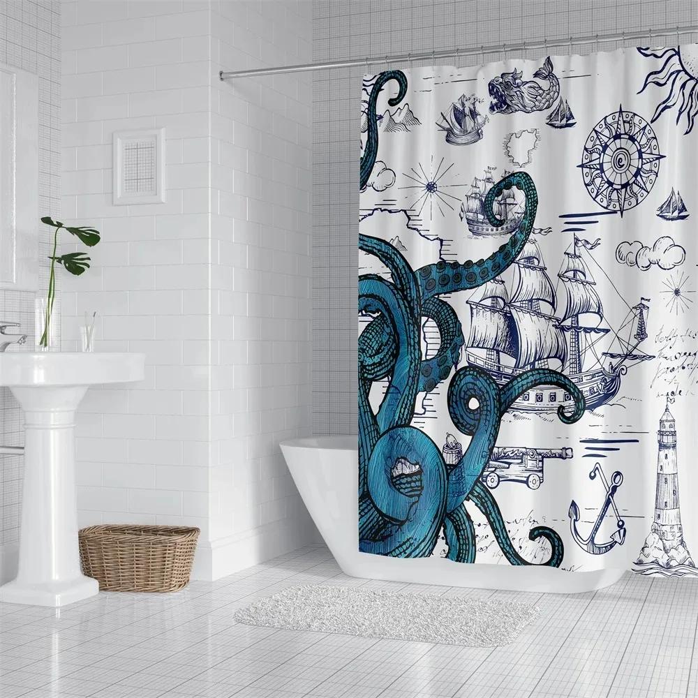 1Pc Octopus Sailboat Shower Curtain Bathroom Partition Decorative Curtain Machine Washable Octopus Print Window Privacy Curtain