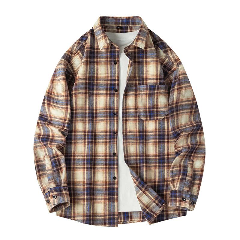 Spring and Autumn Long Sleeved Checkered Shirt for Men, Retro Loose Casual Shirt Jacket