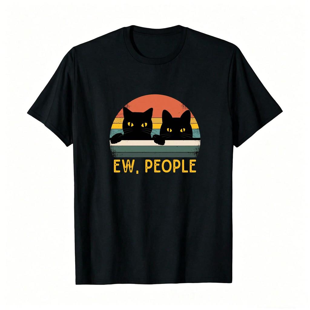 Plus Size Unisex Vintage Ew People Funny Cat Print Tee Thick Fabric Allseason Casual Top