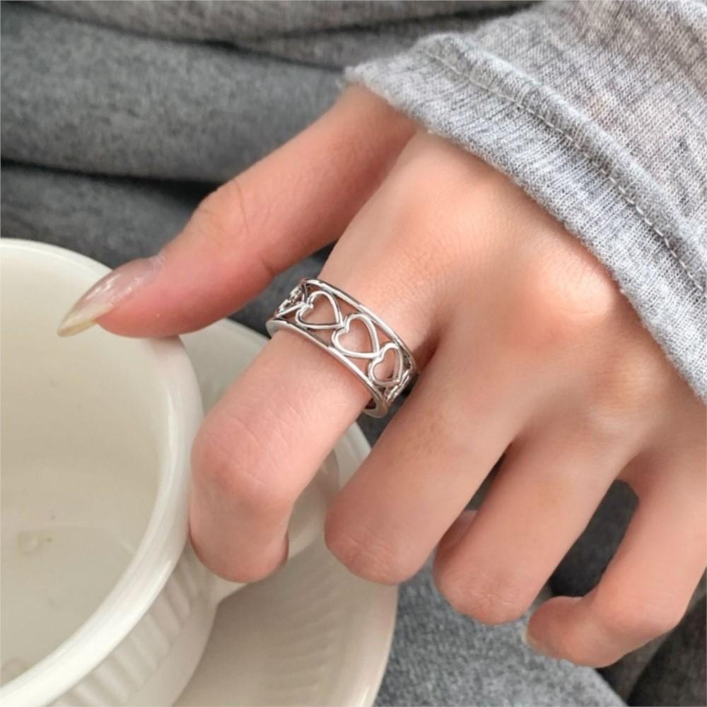 

PANJBJ 925 Sterling Silver Rings for Women Men Couple Love Heart Minimalist Cutout Ring Party Jewelry Gift Prevent Allergy