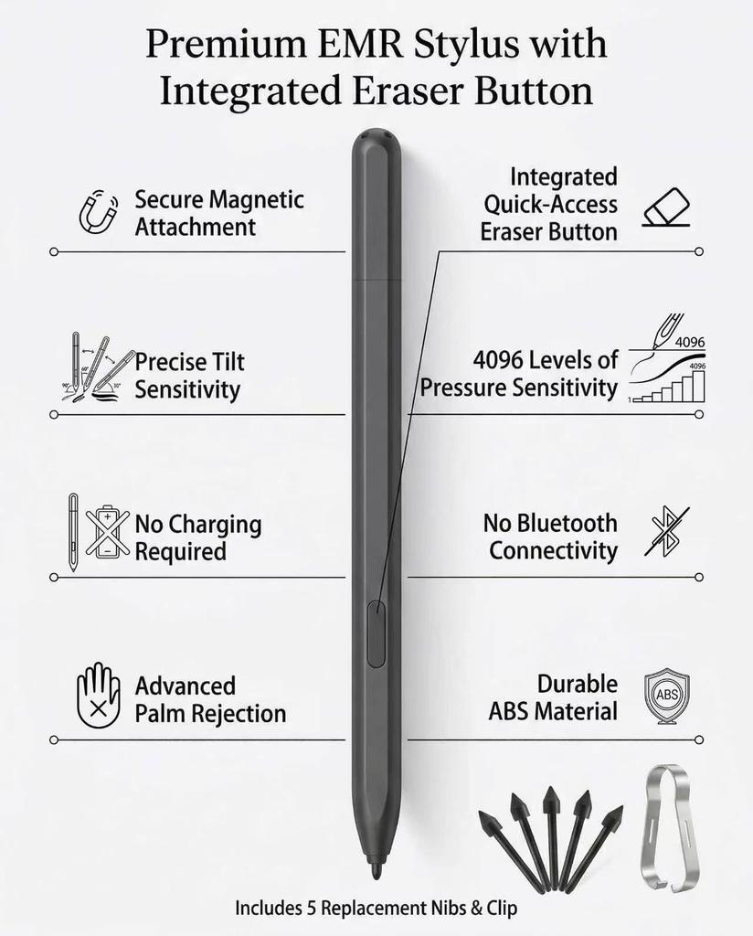 Magnetic EMR Stylus Pen with 4096 Levels of Pressure Sensitivity, Handwriting and Drawing Support, Palm Rejection, Eraser Function, 5 Replacement Nibs