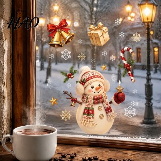 Christmas Party Supplies Window Cling, Santa/Snowman/House/ Tree Patterns Print, Waterproof Glass Clings PVC Decorative Static Sticker for Doors