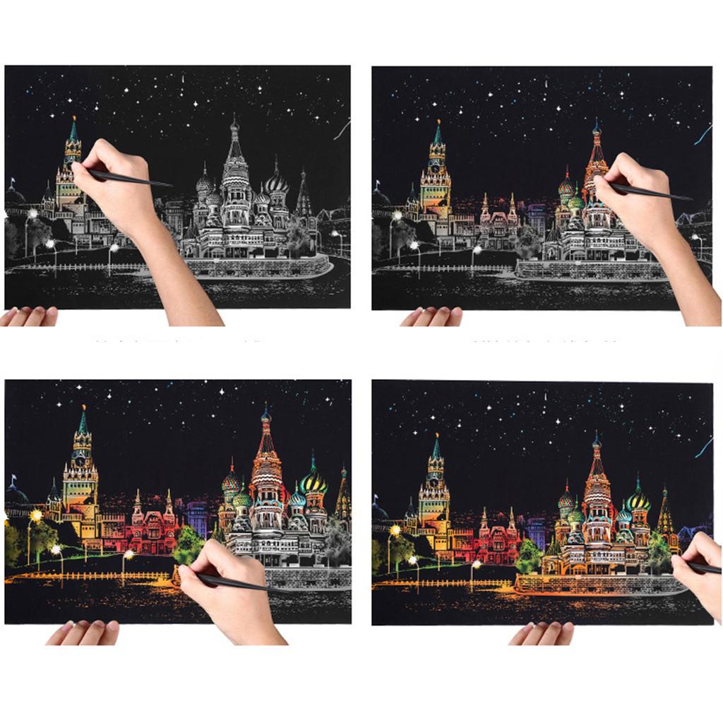 Yetişkinler için Kazıma Boyama Kitleri Şehir Gece Manzarası Kazıma Sanatı Boyama Gökkuşağı Eskiz Defteri Kendin Yap Sanat El Sanatı Manzara Boyama