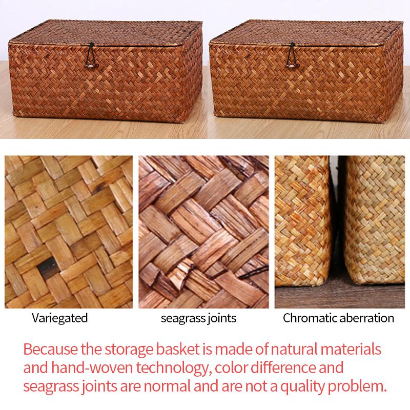 Flat Seagrass Storage Bins With Lid Wicker Woven Storage Basket Household Sundries Storage Organizer For Shelf, Closet, Bedroom