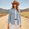 Women's Long Sleeve Denim Jacket with Lapel Collar, Beaded, Cargo Pockets and Hem