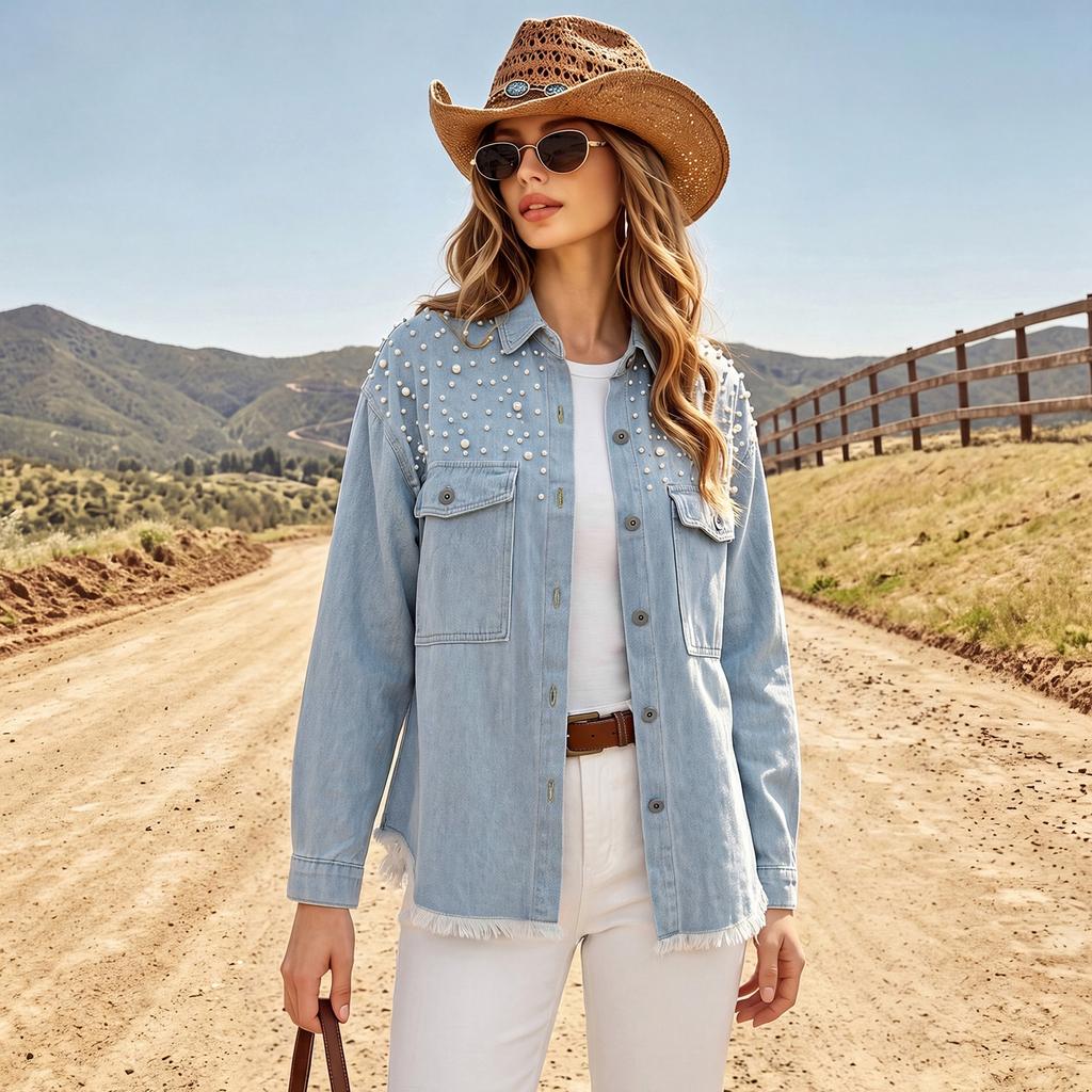 Women's Long Sleeve Denim Jacket with Lapel Collar, Beaded, Cargo Pockets and Hem
