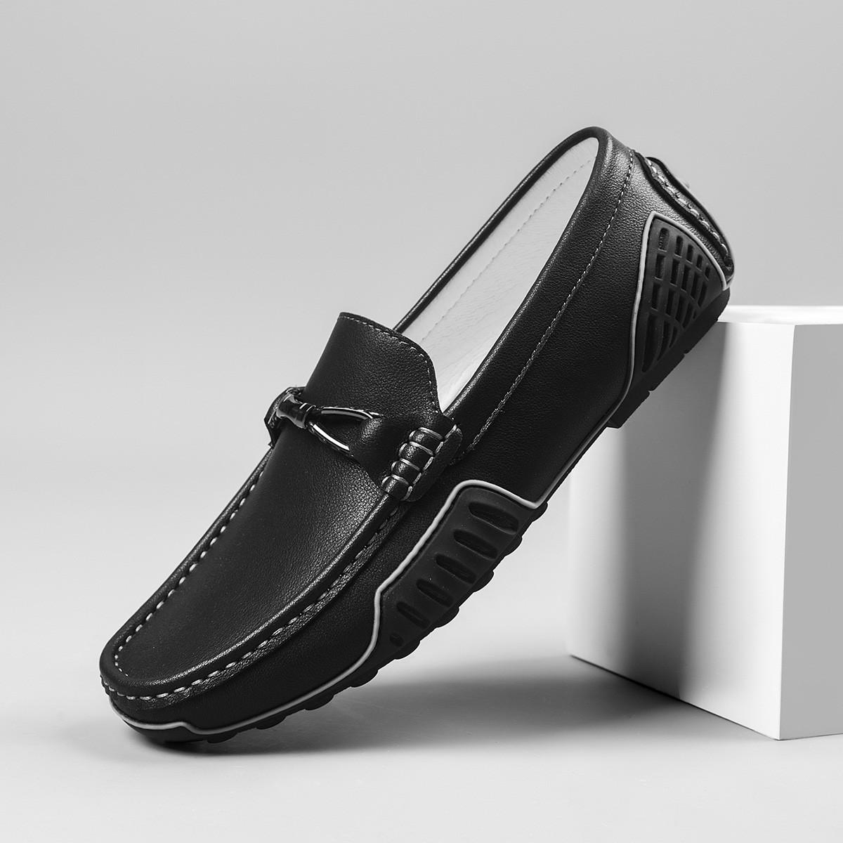 

New 2025Handmade Leather Casual Men Office Shoes Design Outdoor Soft Bottom Loafers Flat Antiskid Driving Walking Shoes 44 чёрный