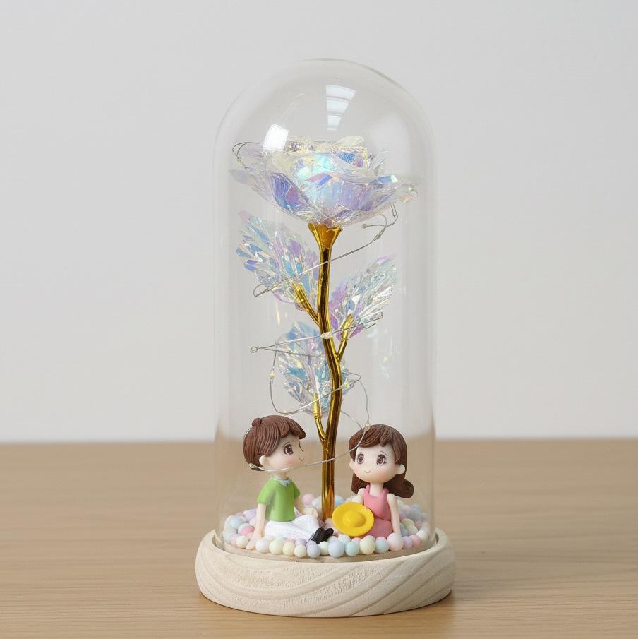 Couple Simulation Rose Eternal Flower Ornament Glass Cover Mother's Day Qixi Festival Valentine's Day Gift Night Light