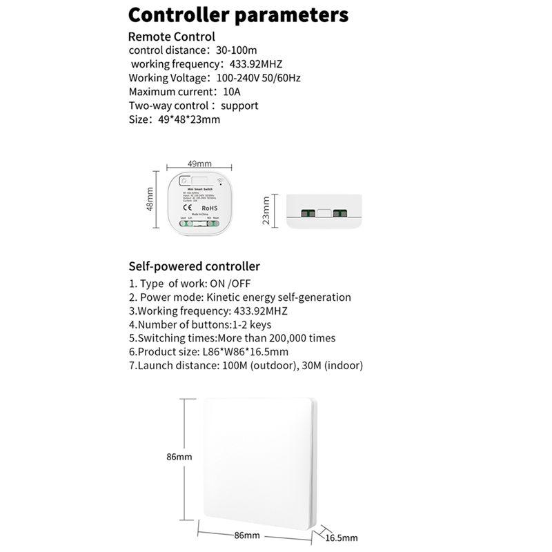 Wireless Remote Control No Battery RF433Mhz Self-Powered Waterproof Light Switch 85V-240V, 2X1Gang 1Receiver