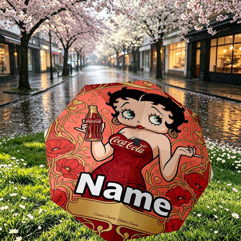 Spersonalizowany Parasol z Nadrukiem Betty Boop z Imieniem, Automatyczne Otwieranie i Zamykanie, Wytrzymały Stelaż z 8 Żebrami, do Codziennego Użytku, na Kemping i Piesze Wycieczki, Prezent Urodzinowy
